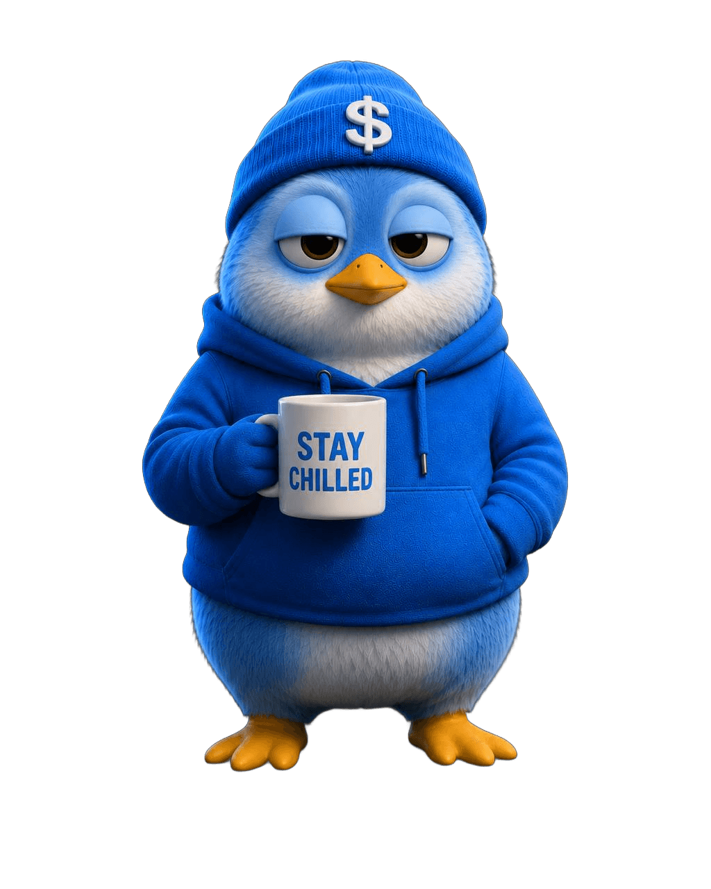 PEGUIN holding a STAY CHILLED mug