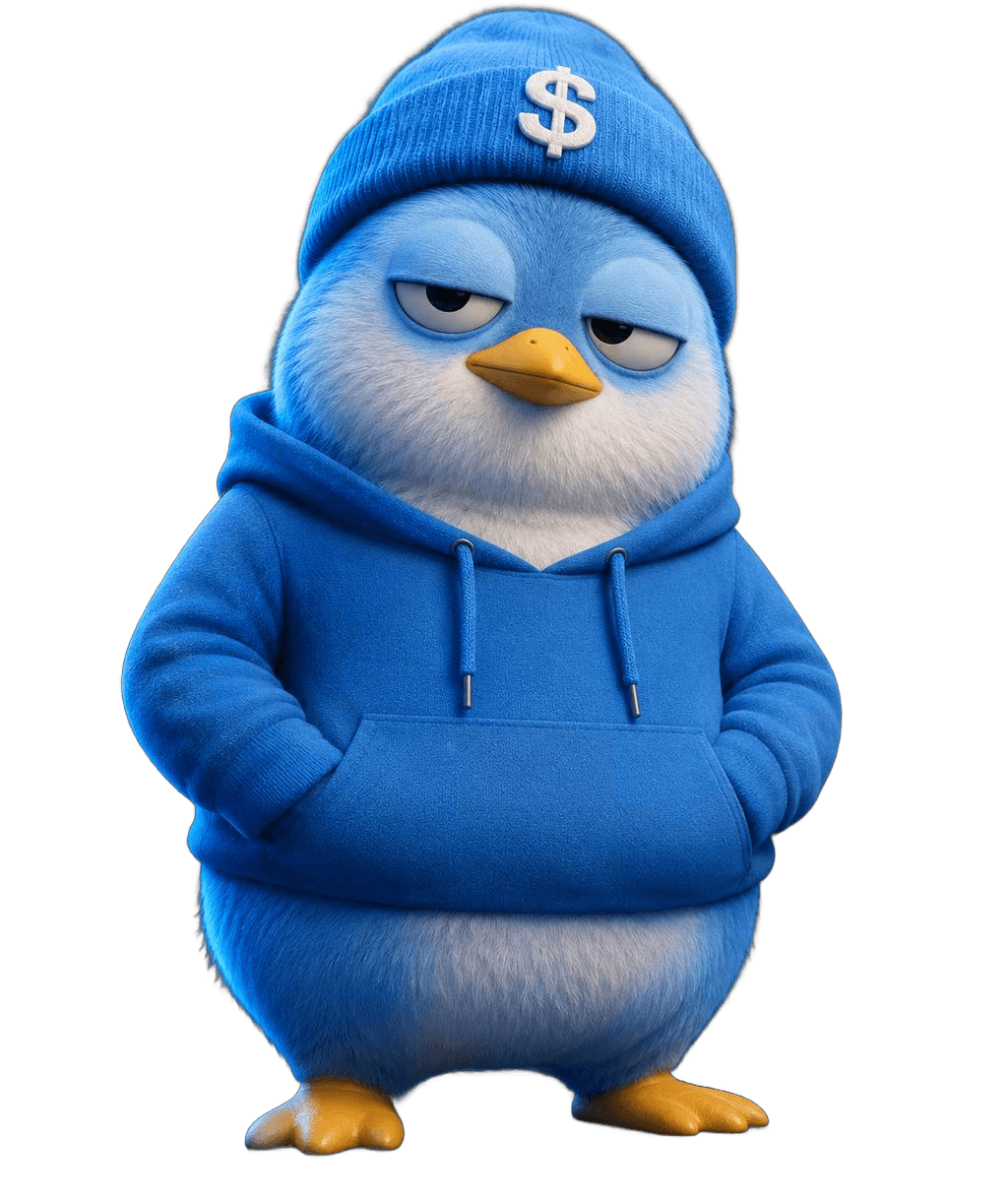 PEGUIN, the chilled one, in a blue beanie and hoodie